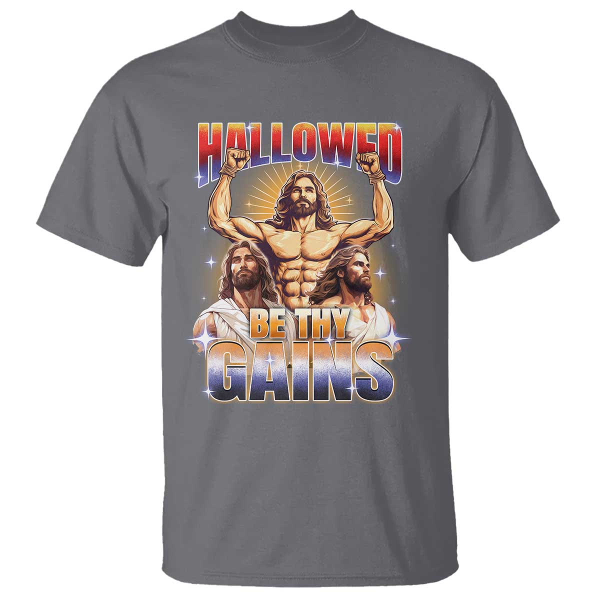 Funny Muscle Jesus Workout T Shirt Hallowed Be Thy Gains Weightlifting Humor TS11 Charcoal Print Your Wear