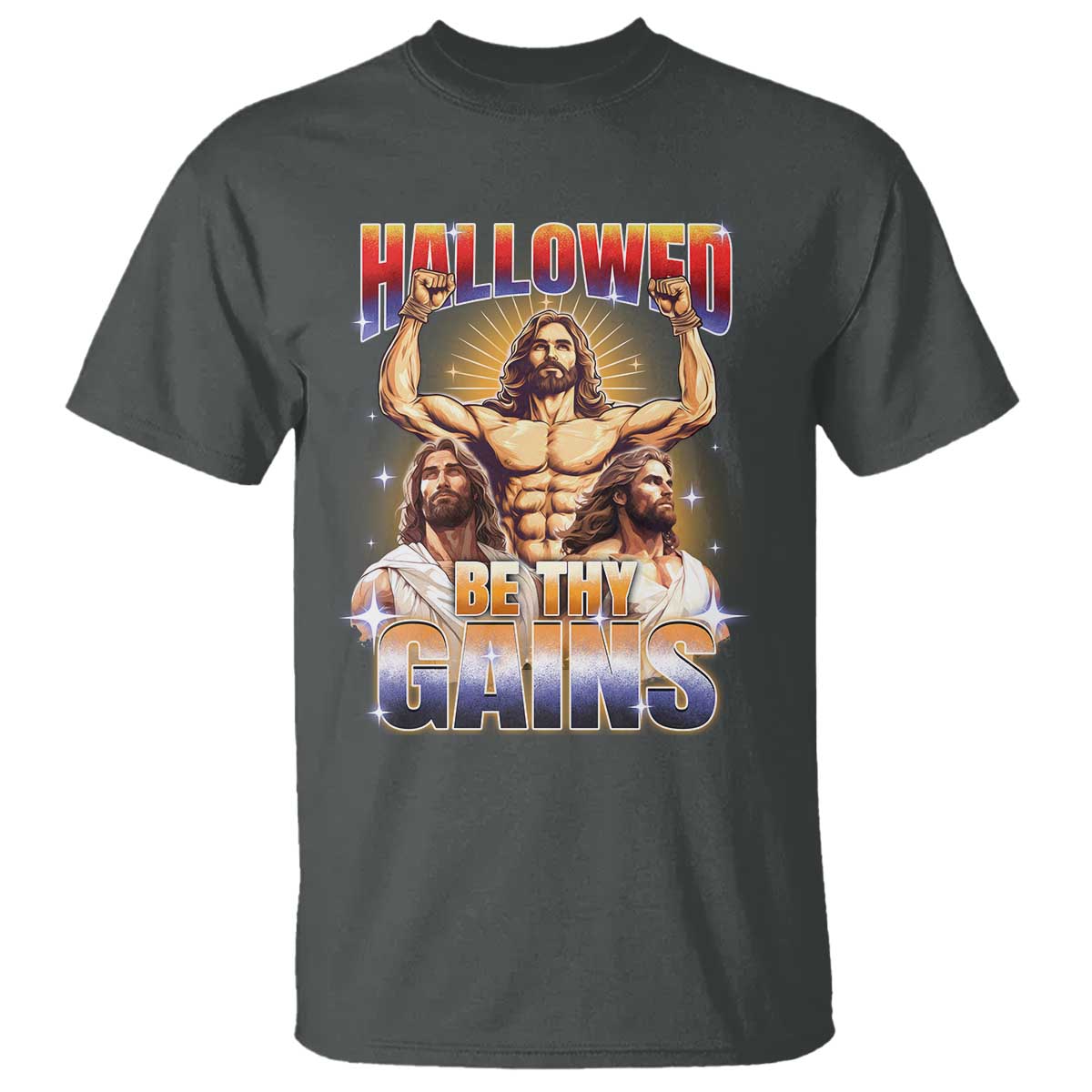 Funny Muscle Jesus Workout T Shirt Hallowed Be Thy Gains Weightlifting Humor TS11 Dark Heather Print Your Wear