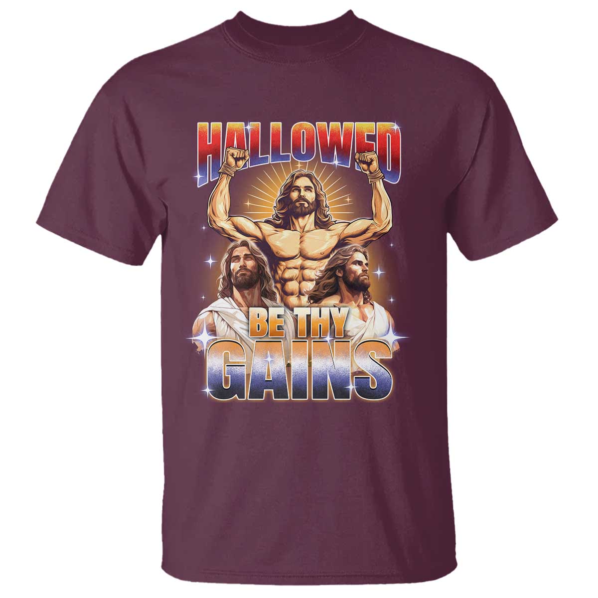 Funny Muscle Jesus Workout T Shirt Hallowed Be Thy Gains Weightlifting Humor TS11 Maroon Print Your Wear