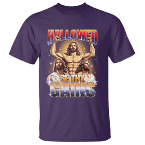 Funny Muscle Jesus Workout T Shirt Hallowed Be Thy Gains Weightlifting Humor TS11 Purple Print Your Wear