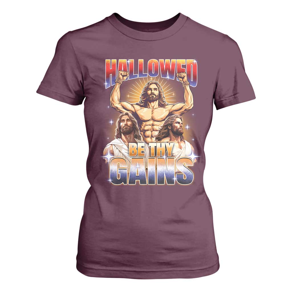 Funny Muscle Jesus Workout T Shirt For Women Hallowed Be Thy Gains Weightlifting Humor TS11 Maroon Print Your Wear