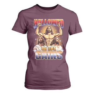Funny Muscle Jesus Workout T Shirt For Women Hallowed Be Thy Gains Weightlifting Humor TS11 Maroon Print Your Wear