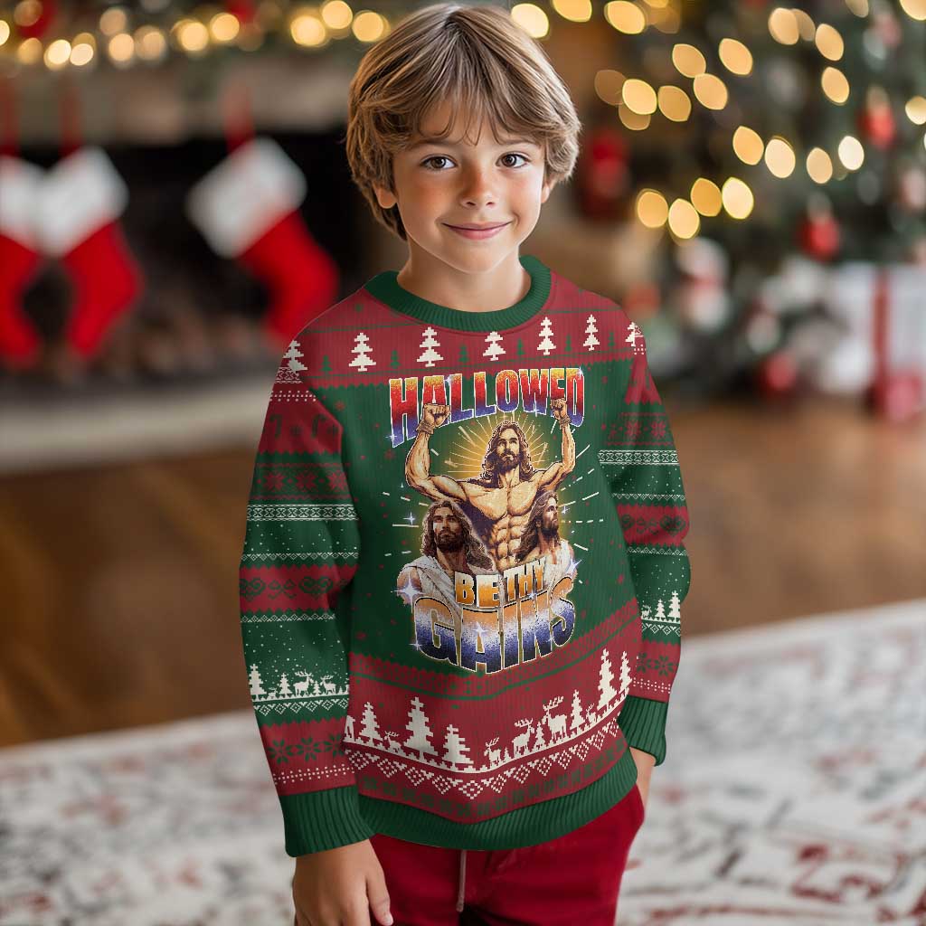 Funny Muscle Jesus Workout Ugly Christmas Sweater Hallowed Be Thy Gains Weightlifting Humor TS11 Christmas Print Your Wear