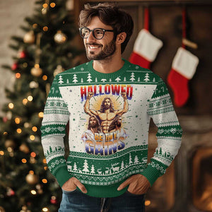 Funny Muscle Jesus Workout Ugly Christmas Sweater Hallowed Be Thy Gains Weightlifting Humor TS11 Green Print Your Wear