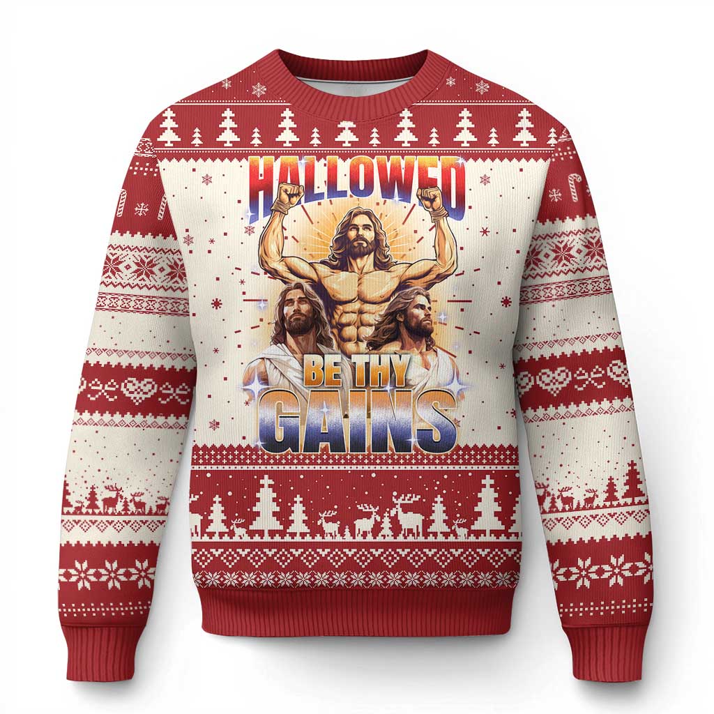 Funny Muscle Jesus Workout Ugly Christmas Sweater Hallowed Be Thy Gains Weightlifting Humor TS11 Red Print Your Wear