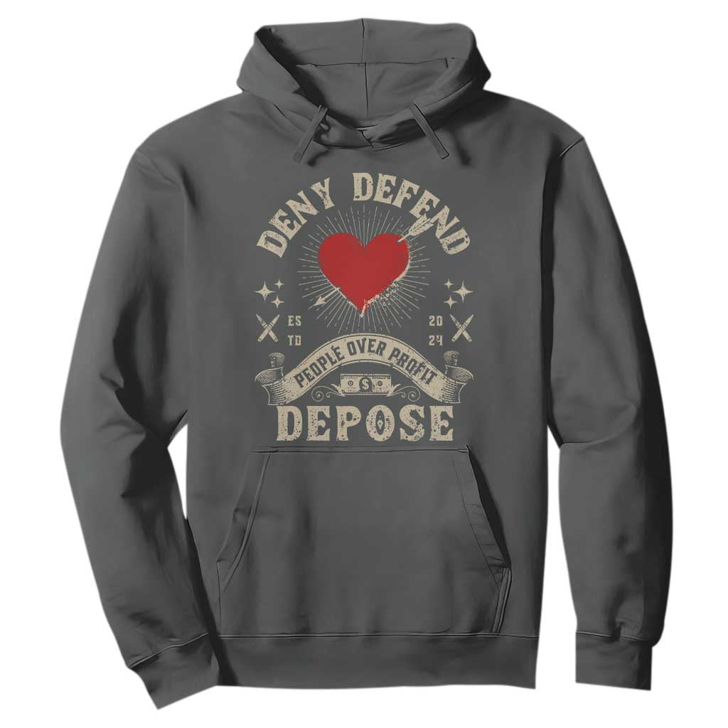 Deny Defend Depose People Over Profit Hoodie Vintage Heart Bullet TS11 Dark Heather Print Your Wear