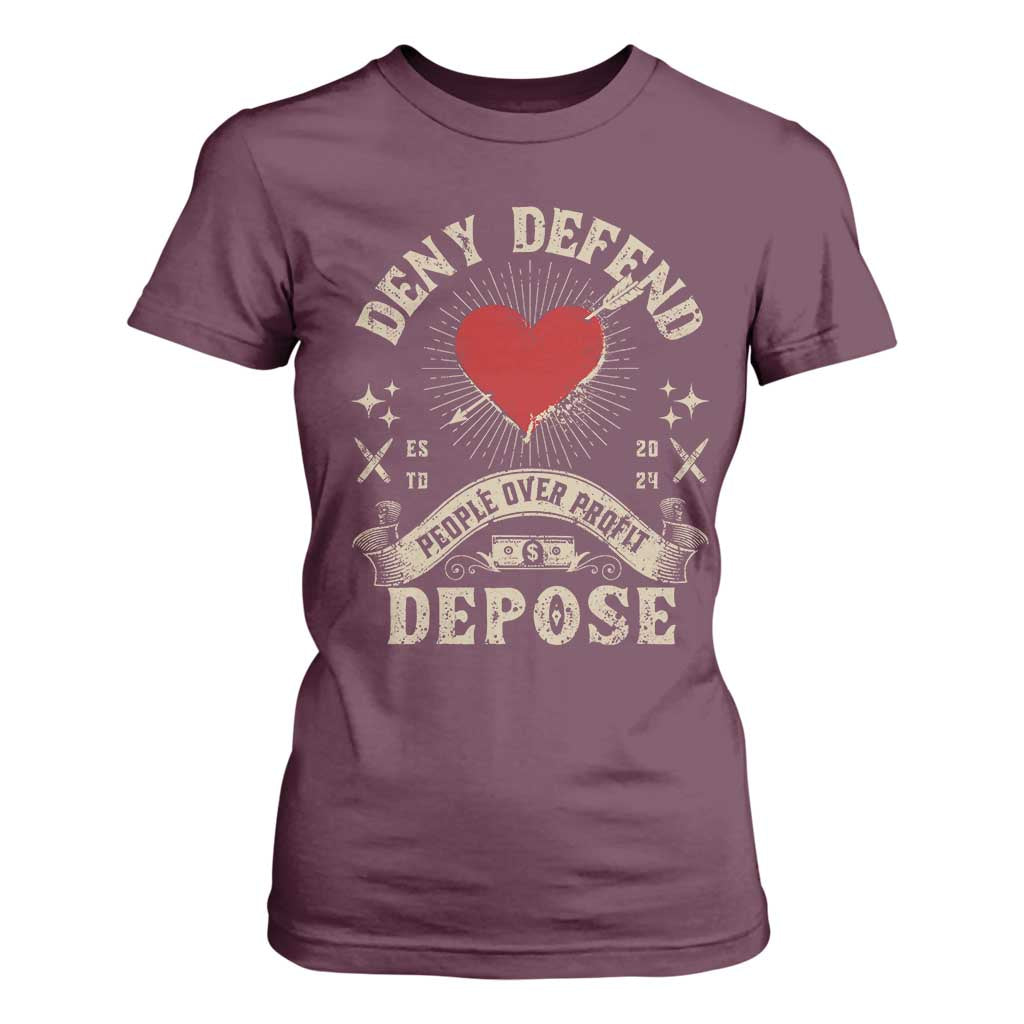 Deny Defend Depose People Over Profit T Shirt For Women Vintage Heart Bullet TS11 Maroon Print Your Wear