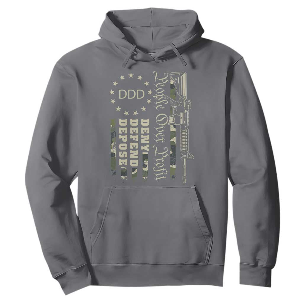 People Over Profit Deny Defend Depose Hoodie Gun Camo Betsy Ross Flag 2024 TS11 Charcoal Print Your Wear