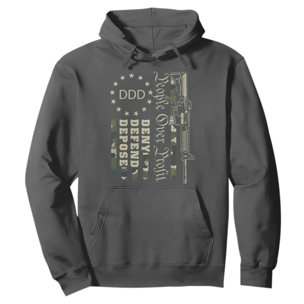 People Over Profit Deny Defend Depose Hoodie Gun Camo Betsy Ross Flag 2024 TS11 Dark Heather Print Your Wear