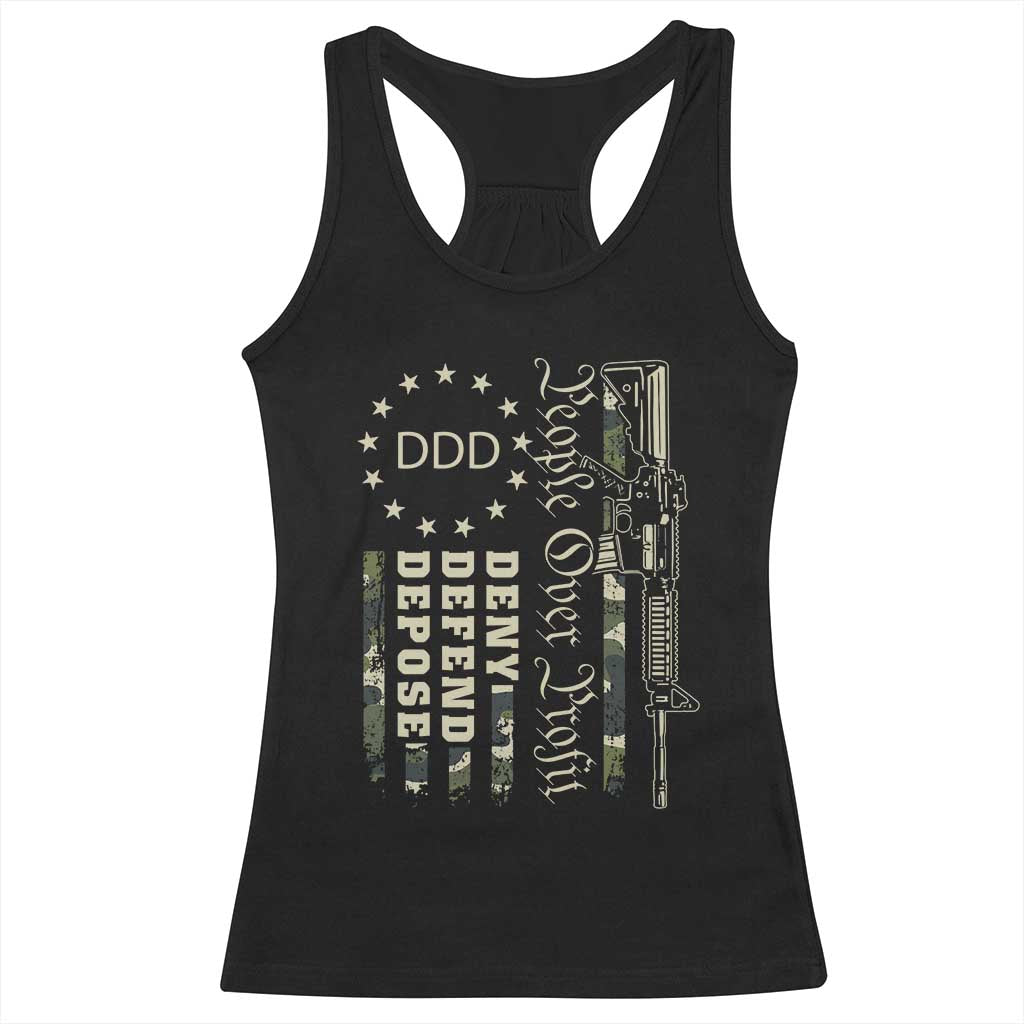 People Over Profit Deny Defend Depose Racerback Tank Top Gun Camo Betsy Ross Flag 2024 TS11 Black Print Your Wear