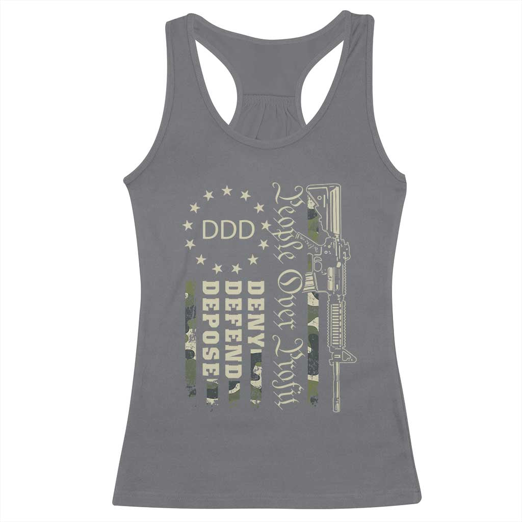 People Over Profit Deny Defend Depose Racerback Tank Top Gun Camo Betsy Ross Flag 2024 TS11 Charcoal Print Your Wear