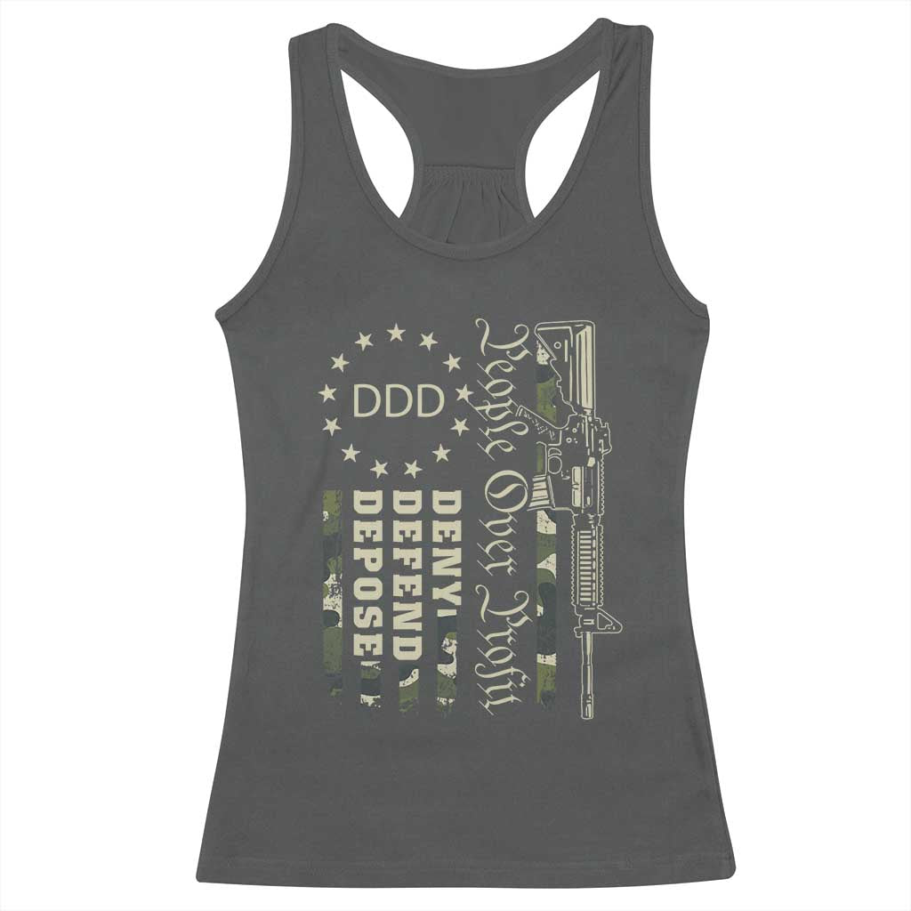 People Over Profit Deny Defend Depose Racerback Tank Top Gun Camo Betsy Ross Flag 2024 TS11 Dark Heather Print Your Wear