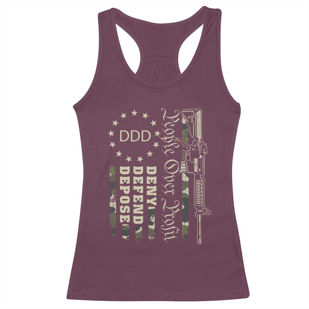 People Over Profit Deny Defend Depose Racerback Tank Top Gun Camo Betsy Ross Flag 2024 TS11 Maroon Print Your Wear