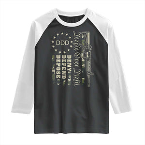 People Over Profit Deny Defend Depose Raglan Shirt Gun Camo Betsy Ross Flag 2024 TS11 Black White Print Your Wear