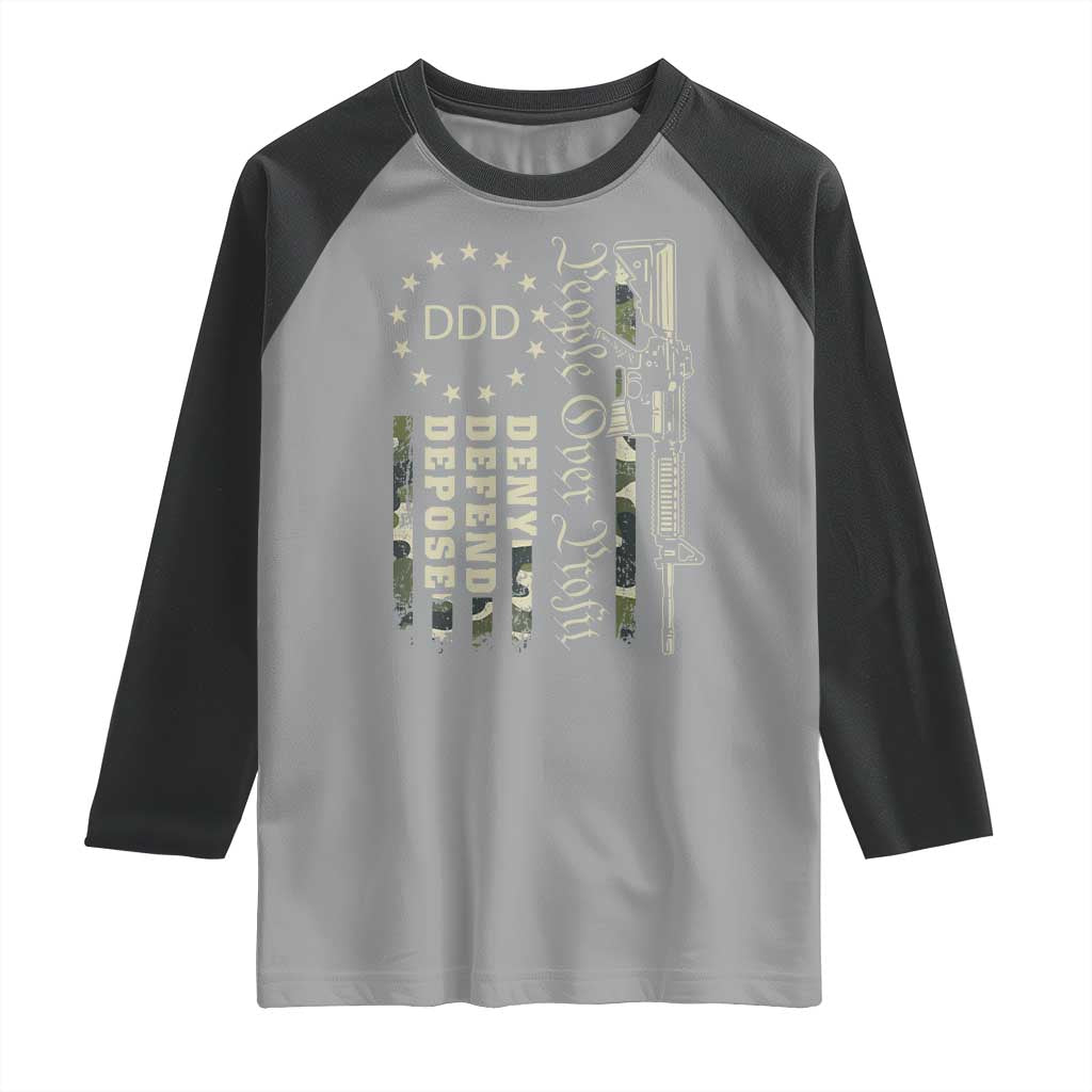 People Over Profit Deny Defend Depose Raglan Shirt Gun Camo Betsy Ross Flag 2024 TS11 Sport Gray Black Print Your Wear