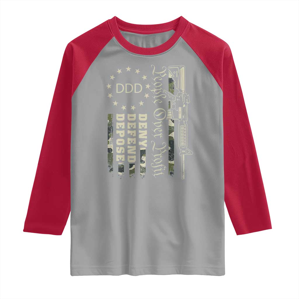 People Over Profit Deny Defend Depose Raglan Shirt Gun Camo Betsy Ross Flag 2024 TS11 Sport Gray Red Print Your Wear
