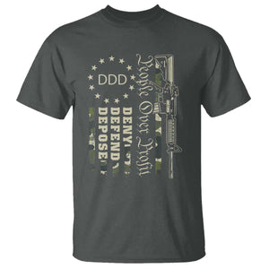 People Over Profit Deny Defend Depose T Shirt Gun Camo Betsy Ross Flag 2024 TS11 Dark Heather Print Your Wear