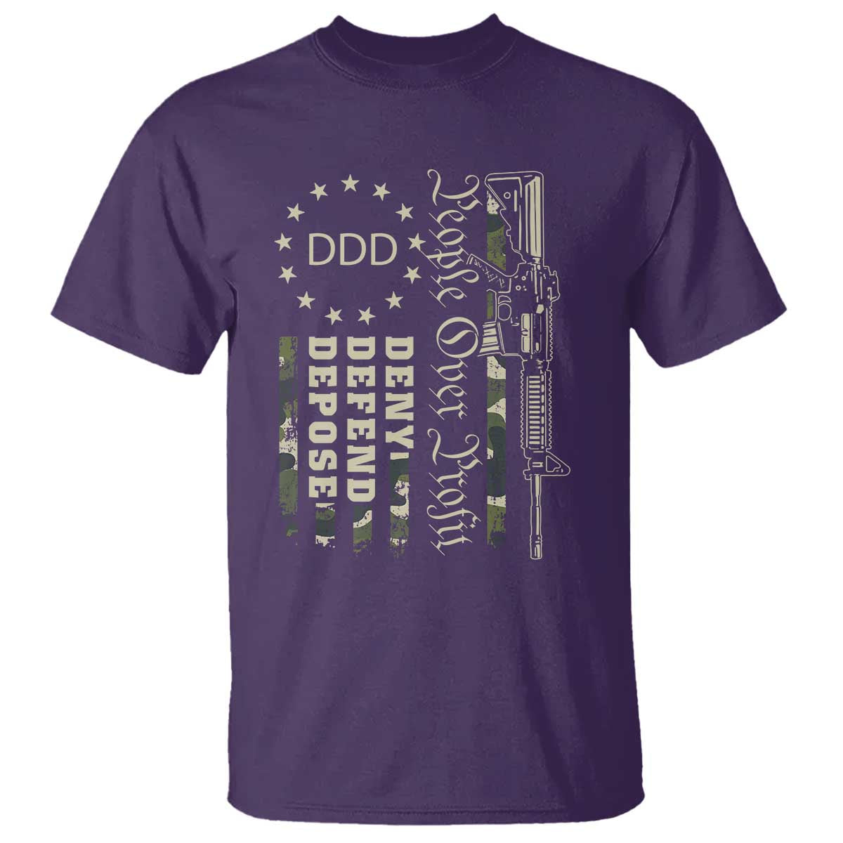 People Over Profit Deny Defend Depose T Shirt Gun Camo Betsy Ross Flag 2024 TS11 Purple Print Your Wear