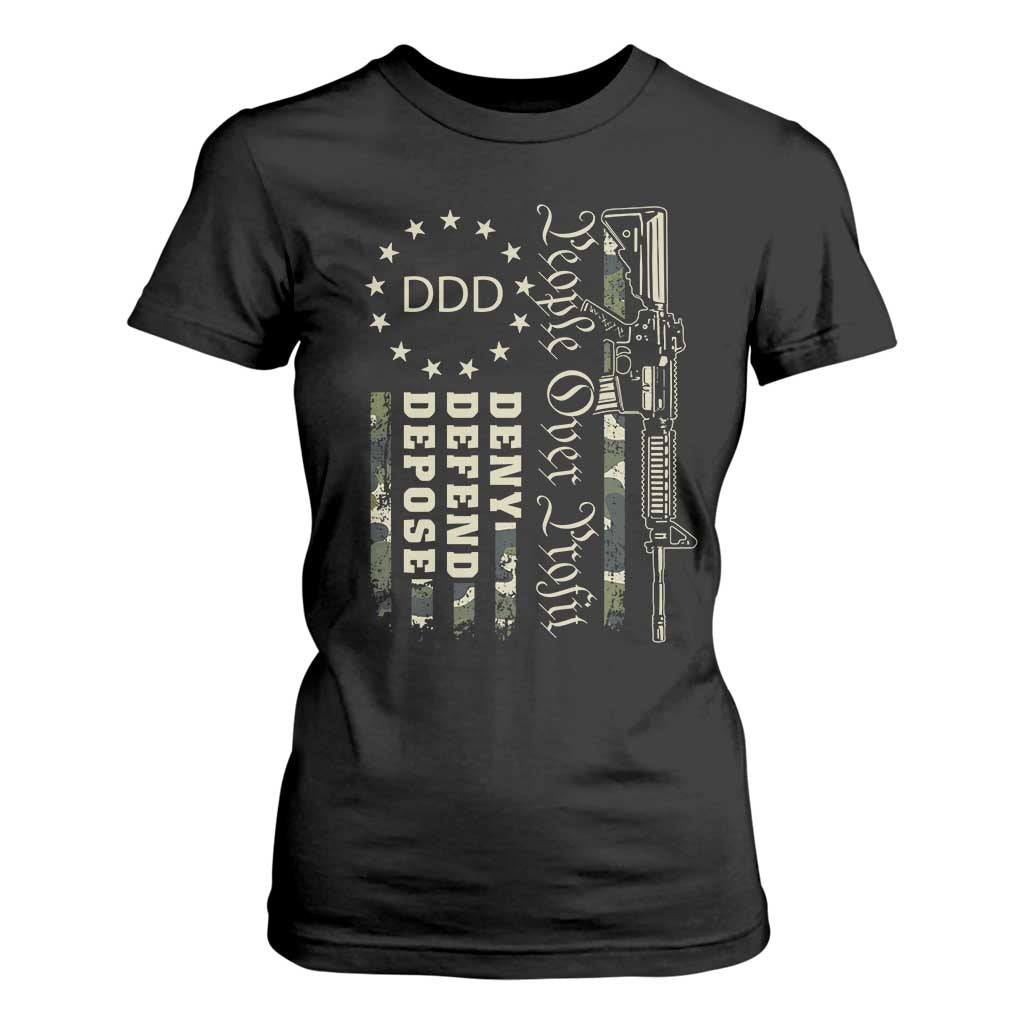 People Over Profit Deny Defend Depose T Shirt For Women Gun Camo Betsy Ross Flag 2024 TS11 Black Print Your Wear