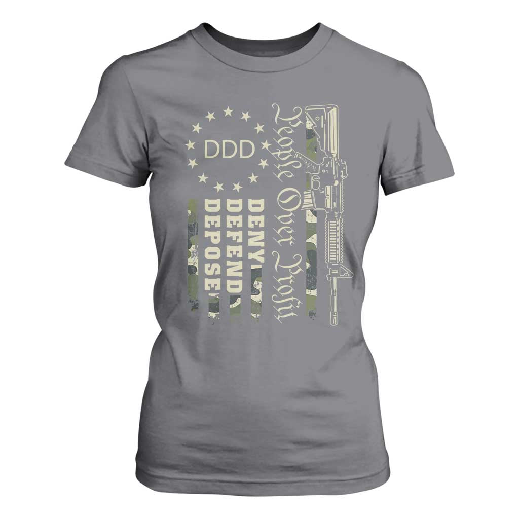 People Over Profit Deny Defend Depose T Shirt For Women Gun Camo Betsy Ross Flag 2024 TS11 Charcoal Print Your Wear