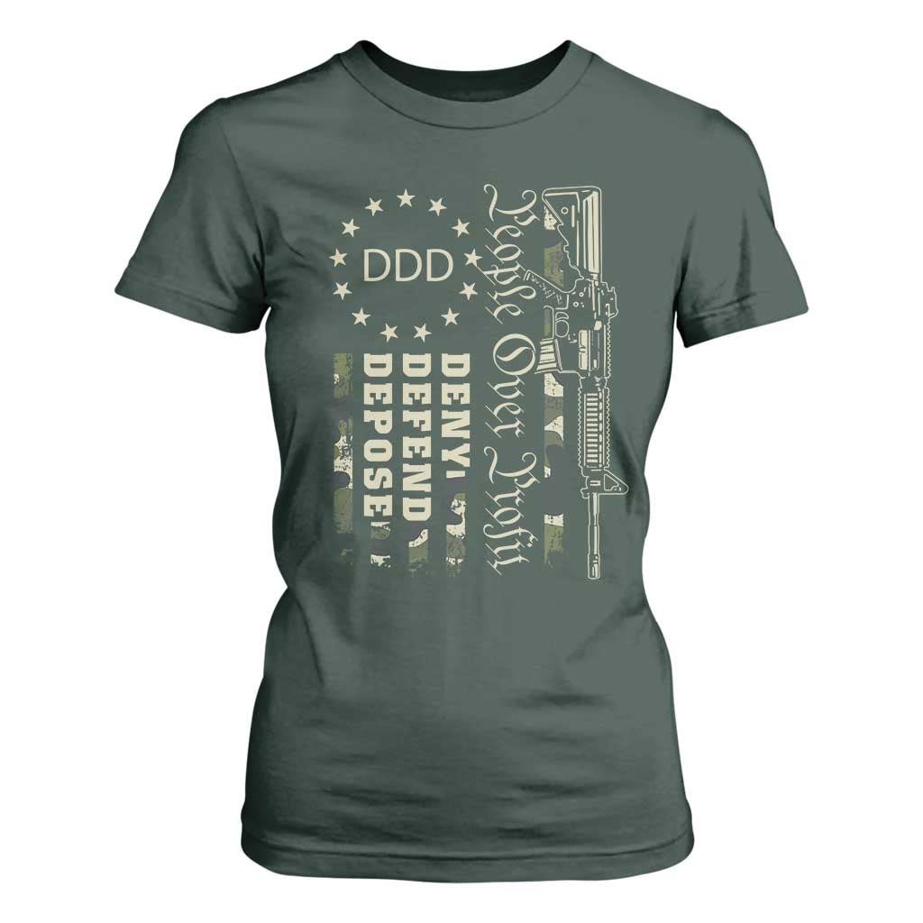 People Over Profit Deny Defend Depose T Shirt For Women Gun Camo Betsy Ross Flag 2024 TS11 Dark Forest Green Print Your Wear