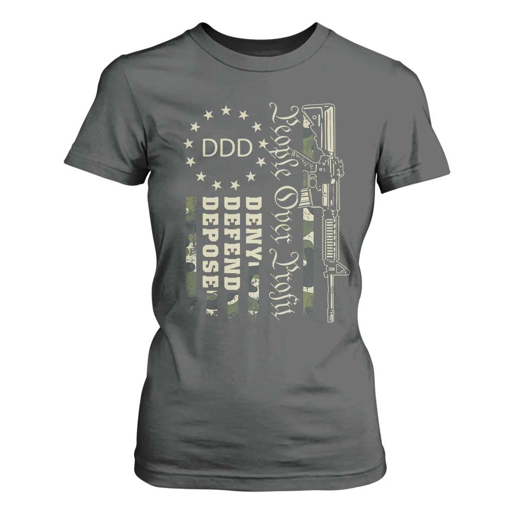 People Over Profit Deny Defend Depose T Shirt For Women Gun Camo Betsy Ross Flag 2024 TS11 Dark Heather Print Your Wear