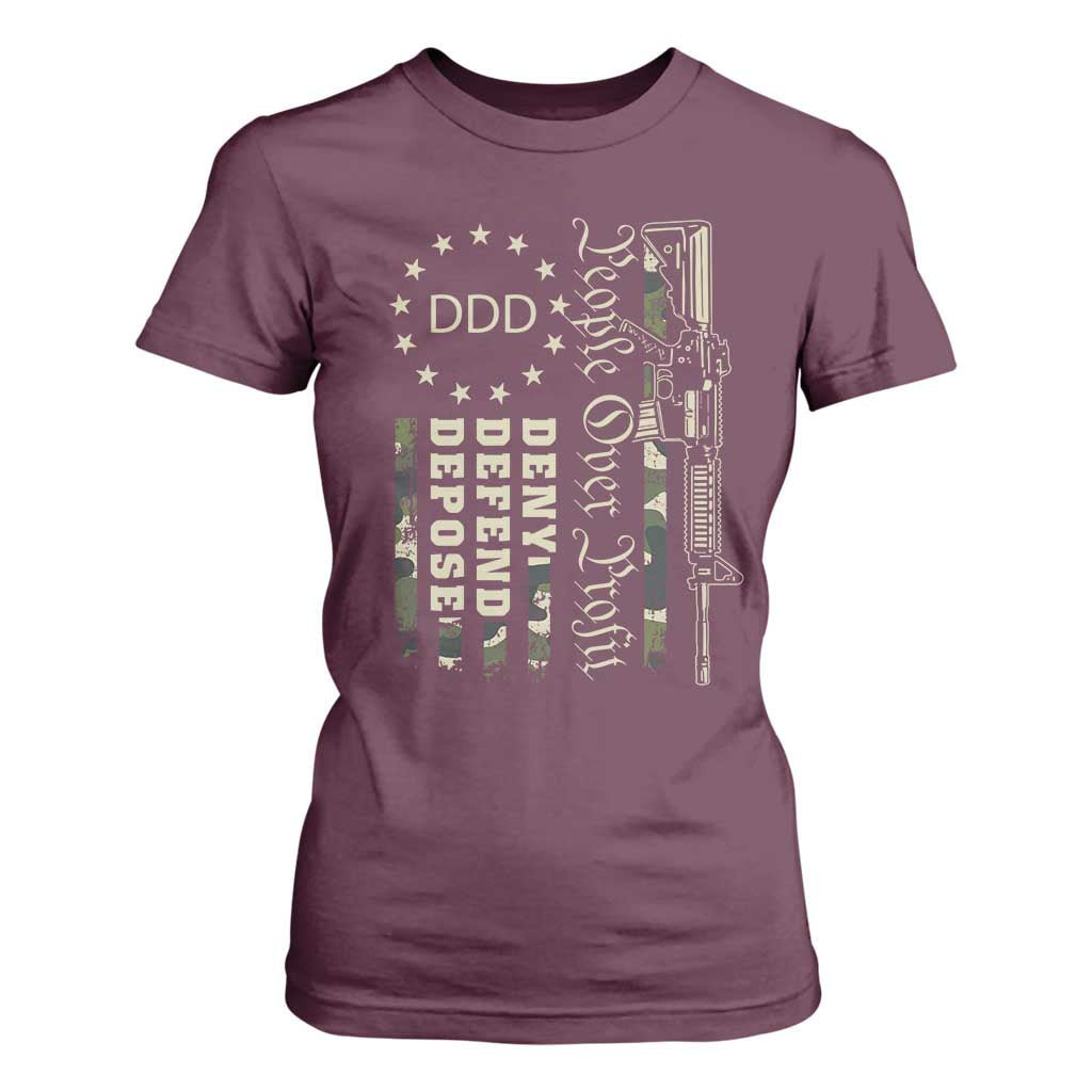 People Over Profit Deny Defend Depose T Shirt For Women Gun Camo Betsy Ross Flag 2024 TS11 Maroon Print Your Wear