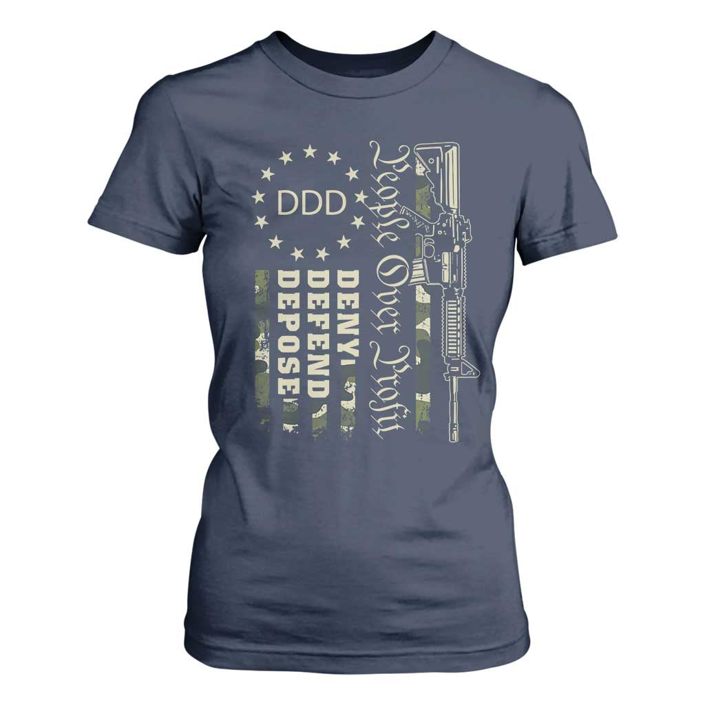 People Over Profit Deny Defend Depose T Shirt For Women Gun Camo Betsy Ross Flag 2024 TS11 Navy Print Your Wear