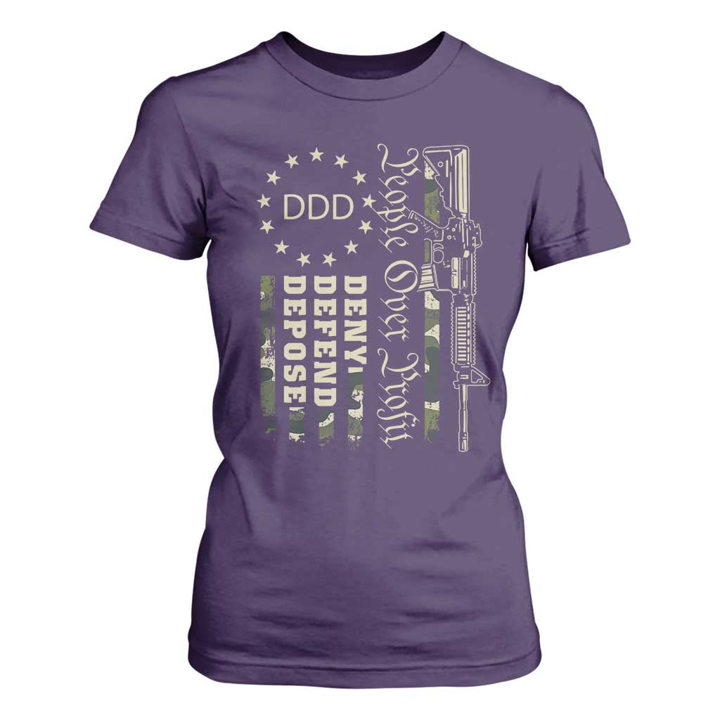 People Over Profit Deny Defend Depose T Shirt For Women Gun Camo Betsy Ross Flag 2024 TS11 Purple Print Your Wear