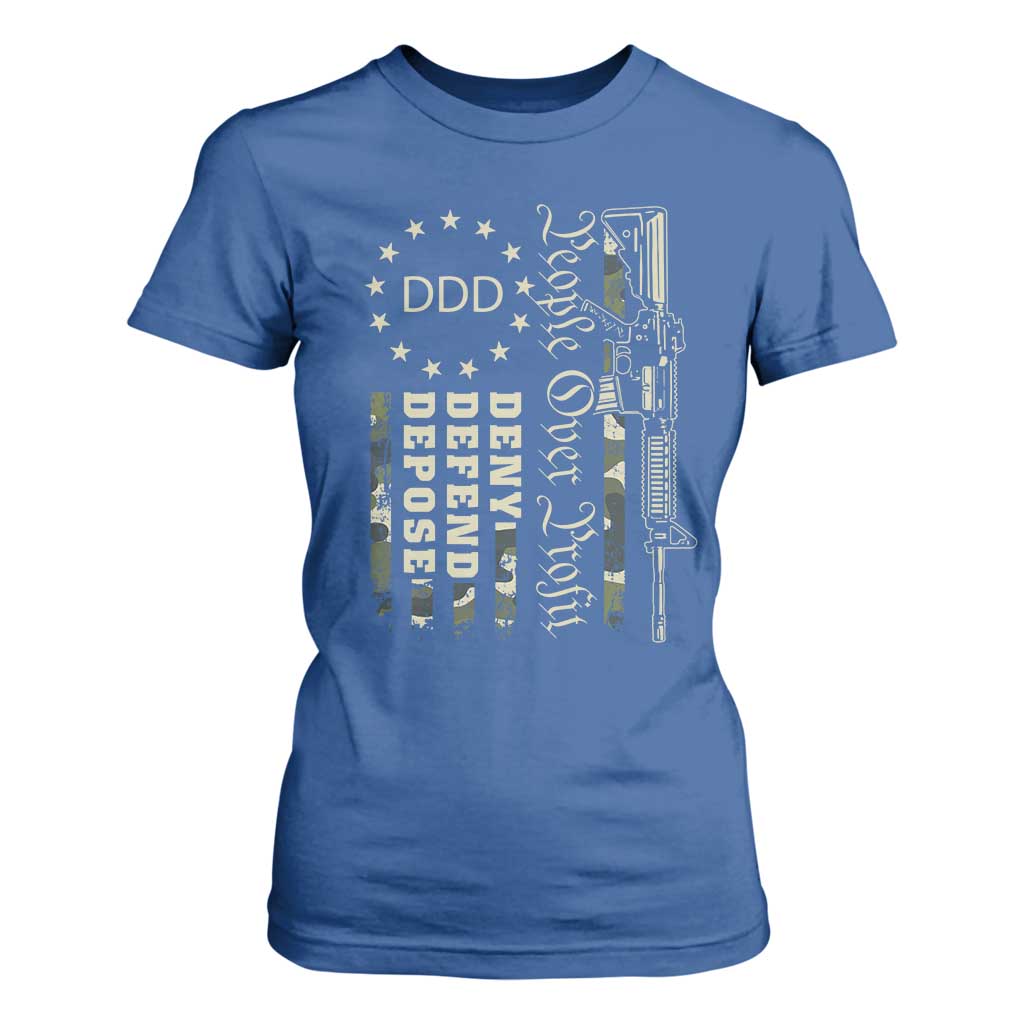 People Over Profit Deny Defend Depose T Shirt For Women Gun Camo Betsy Ross Flag 2024 TS11 Royal Blue Print Your Wear
