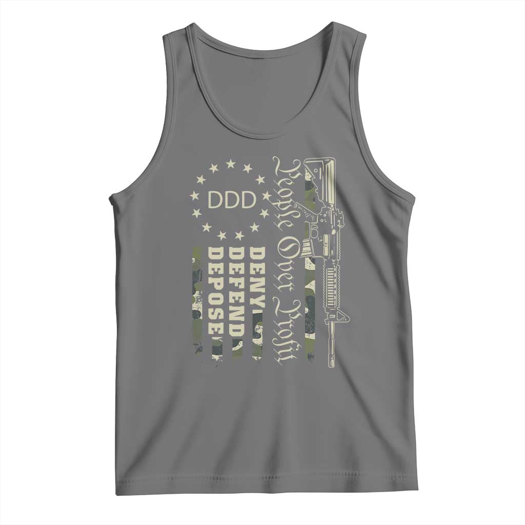 People Over Profit Deny Defend Depose Tank Top Gun Camo Betsy Ross Flag 2024 TS11 Black Heather Print Your Wear
