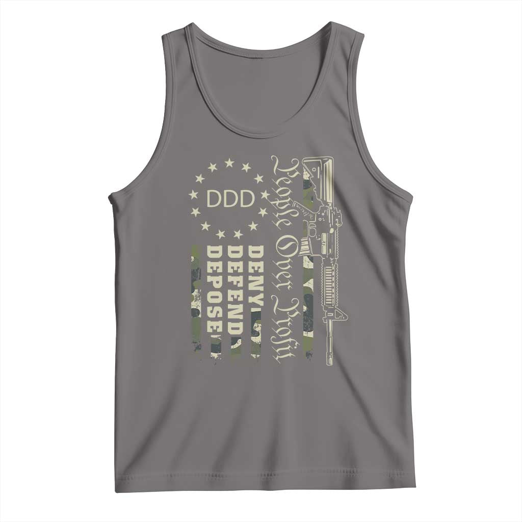 People Over Profit Deny Defend Depose Tank Top Gun Camo Betsy Ross Flag 2024 TS11 Deep Heather Print Your Wear