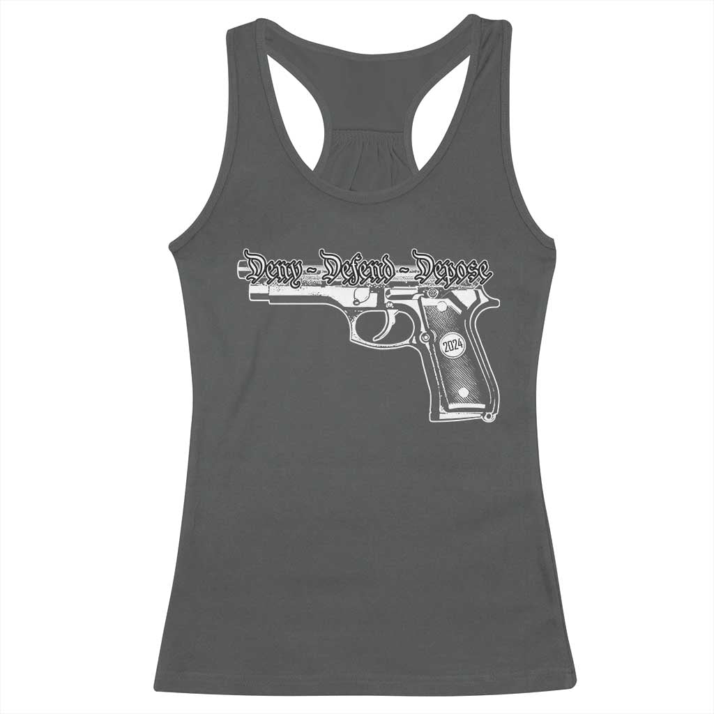 Deny Defend Depose Racerback Tank Top Vintage Gun 2024 TS11 Dark Heather Print Your Wear