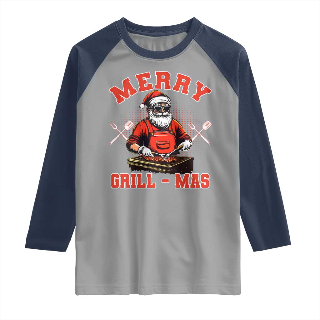 Funny Christmas Grilling Santa Raglan Shirt Merry Grill-Mas BBQ TS11 Sport Gray Navy Print Your Wear