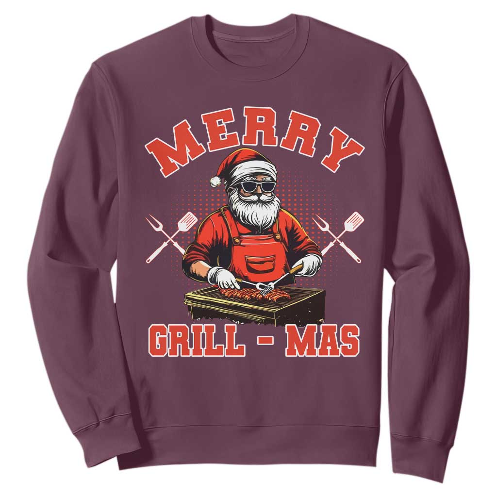 Funny Christmas Grilling Santa Sweatshirt Merry Grill-Mas BBQ TS11 Maroon Print Your Wear