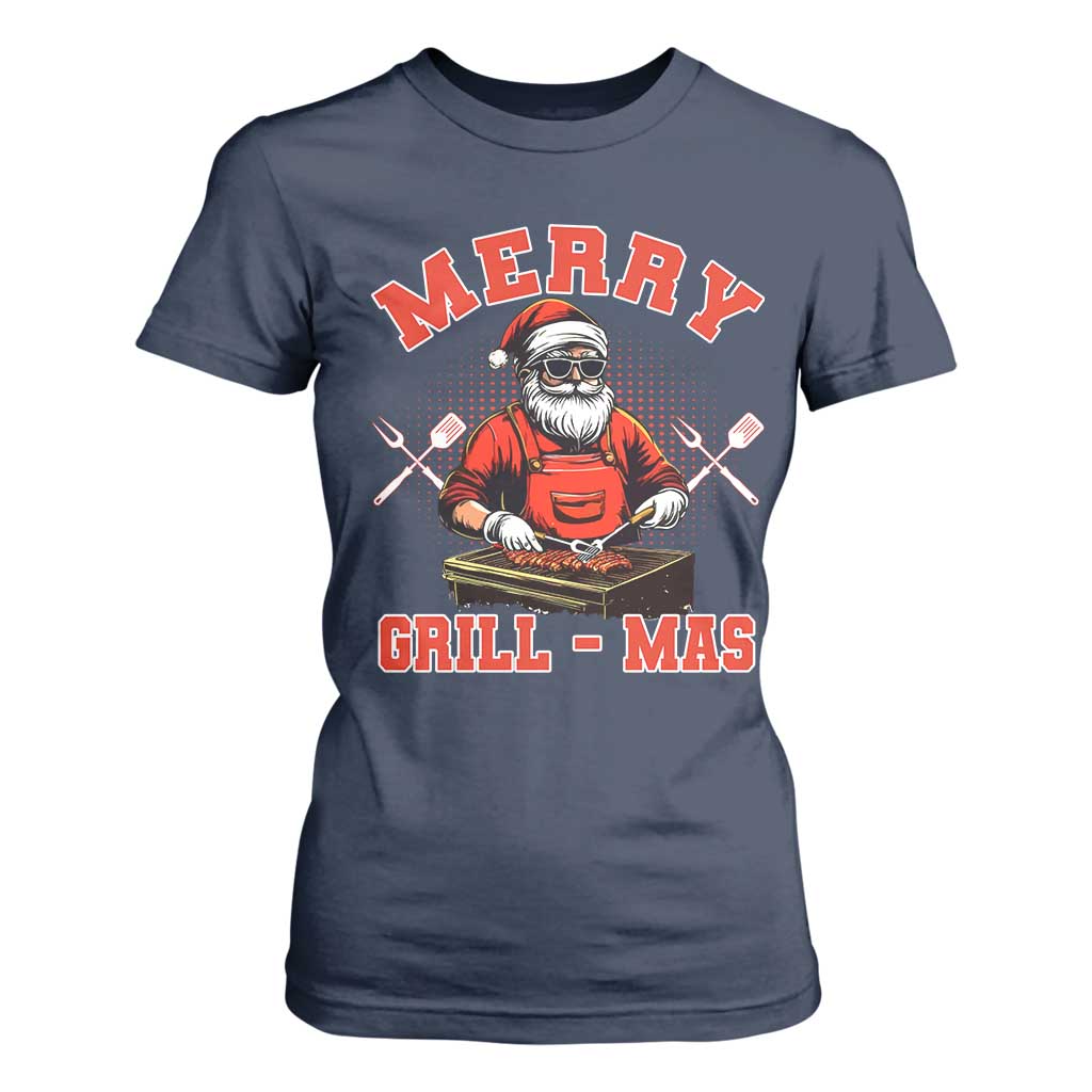 Funny Christmas Grilling Santa T Shirt For Women Merry Grill-Mas BBQ TS11 Navy Print Your Wear