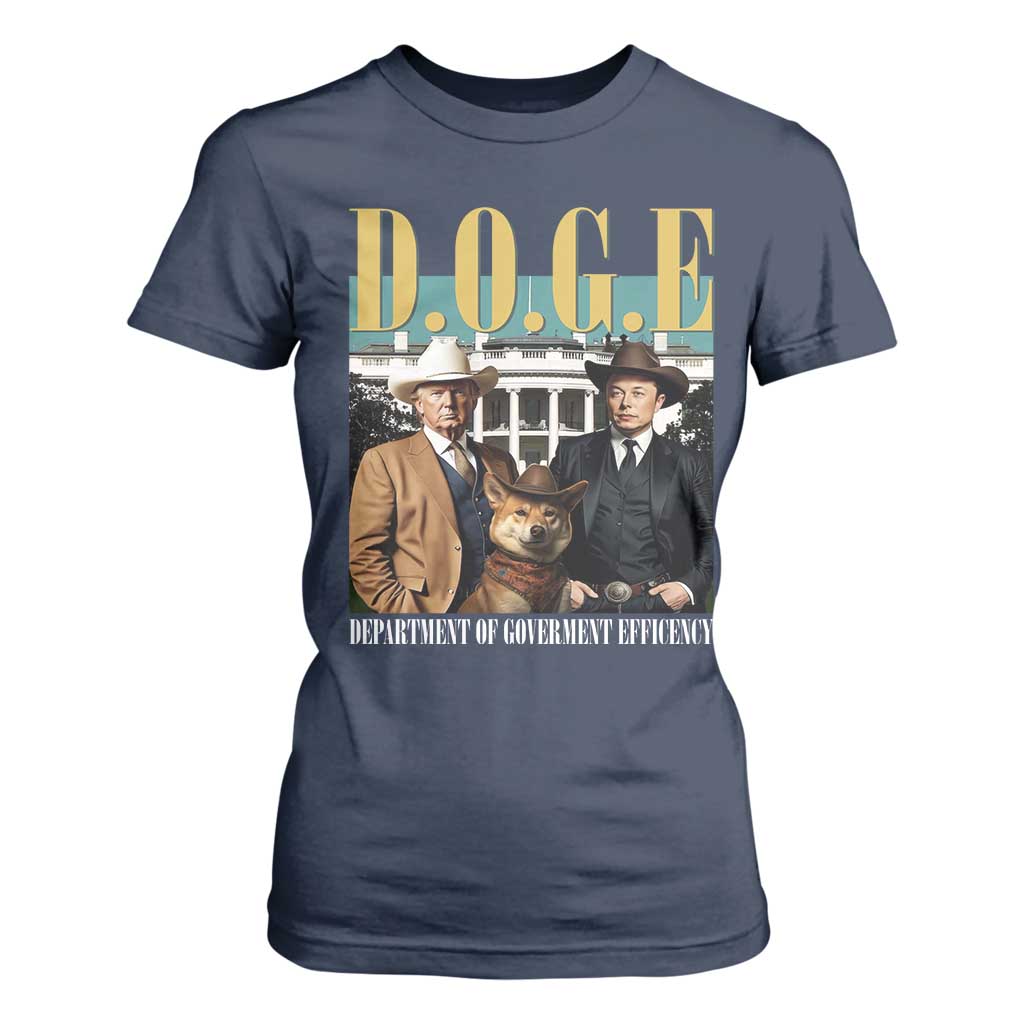 Funny Trump Musk DOGE T Shirt For Women Department Of Government Efficiency Shiba Inu TS11 Navy Print Your Wear