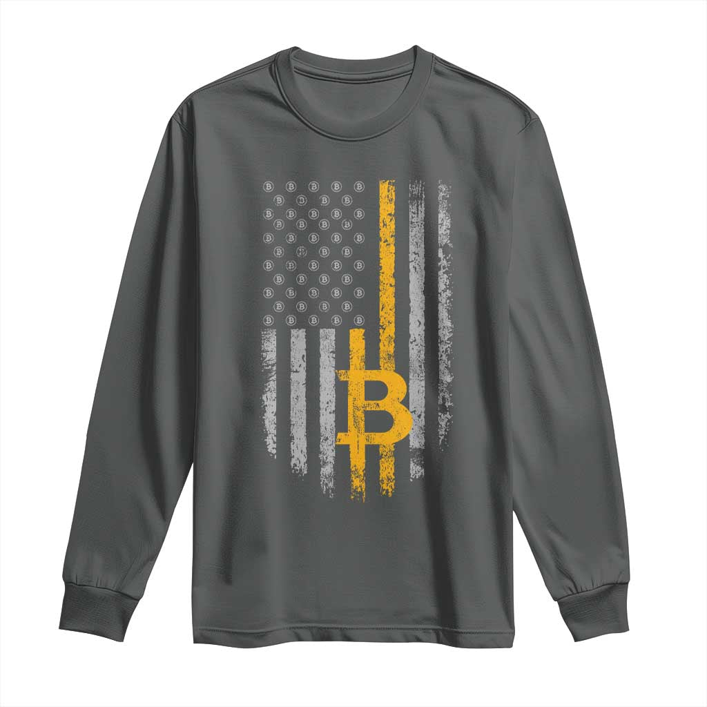 Funny Bitcoin BTC Crypto Cryptocurrency Trader American Flag Long Sleeve Shirt TS11 Dark Heather Print Your Wear