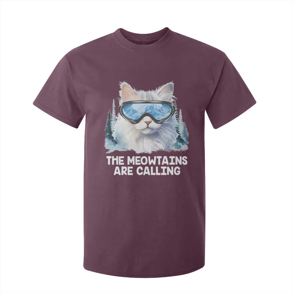 Funny Skiing Snowboarding Cat T Shirt For Kid The Meowtains Are Calling Ski Goggles TS11 Maroon Print Your Wear