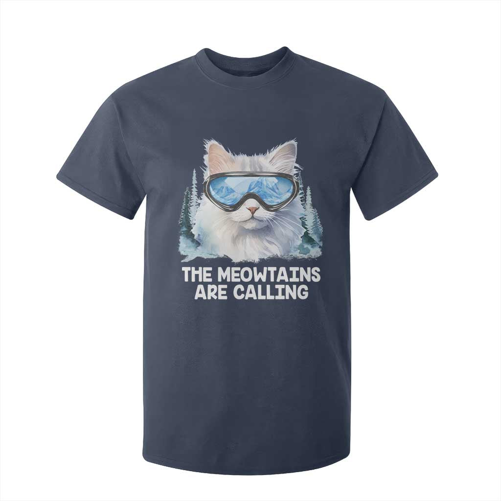 Funny Skiing Snowboarding Cat T Shirt For Kid The Meowtains Are Calling Ski Goggles TS11 Navy Print Your Wear