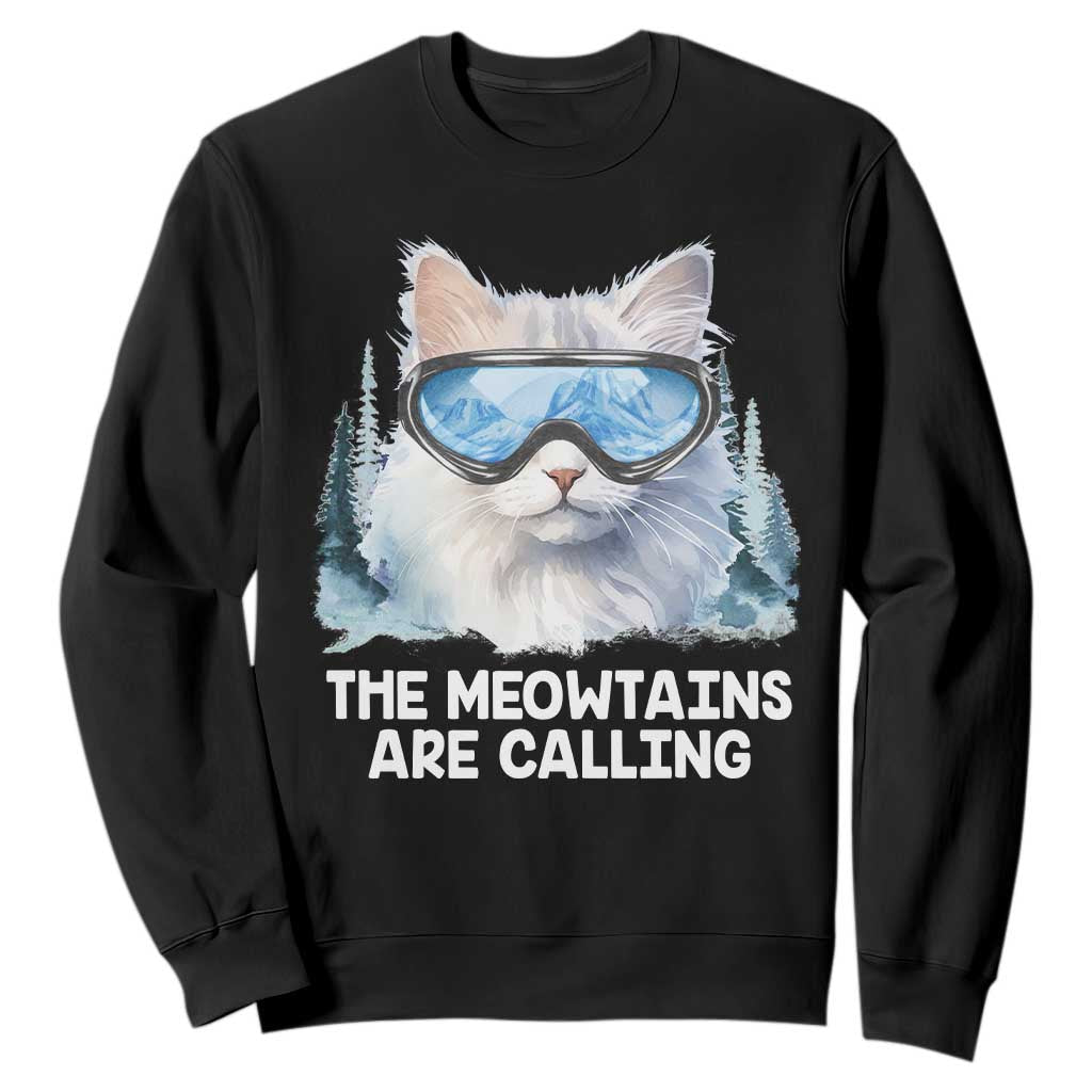 Funny Skiing Snowboarding Cat Sweatshirt The Meowtains Are Calling Ski Goggles TS11 Black Print Your Wear