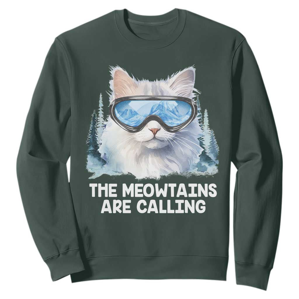 Funny Skiing Snowboarding Cat Sweatshirt The Meowtains Are Calling Ski Goggles TS11 Dark Forest Green Print Your Wear