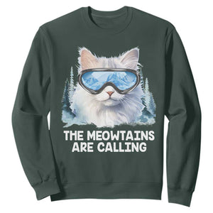 Funny Skiing Snowboarding Cat Sweatshirt The Meowtains Are Calling Ski Goggles TS11 Dark Forest Green Print Your Wear