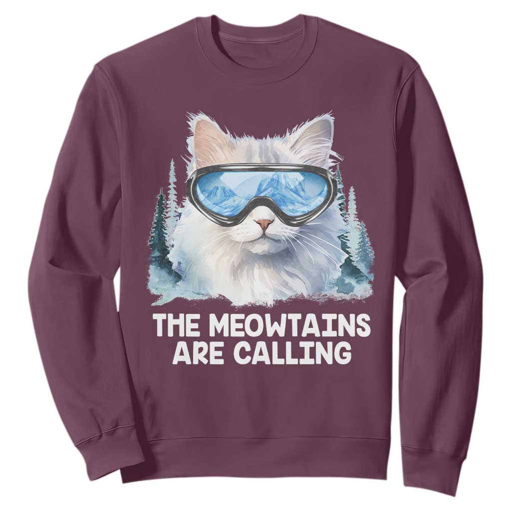 Funny Skiing Snowboarding Cat Sweatshirt The Meowtains Are Calling Ski Goggles TS11 Maroon Print Your Wear