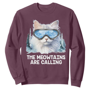 Funny Skiing Snowboarding Cat Sweatshirt The Meowtains Are Calling Ski Goggles TS11 Maroon Print Your Wear