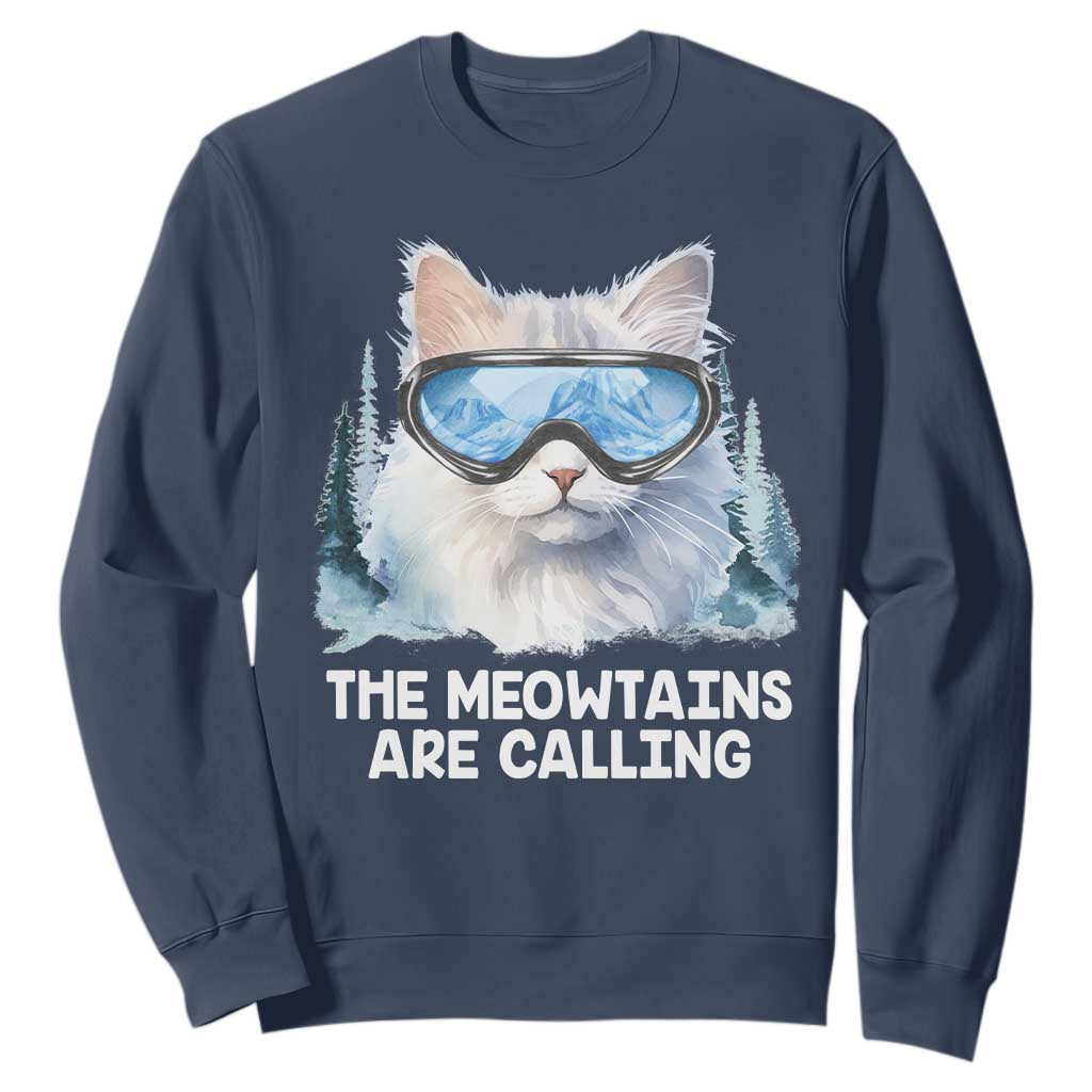 Funny Skiing Snowboarding Cat Sweatshirt The Meowtains Are Calling Ski Goggles TS11 Navy Print Your Wear