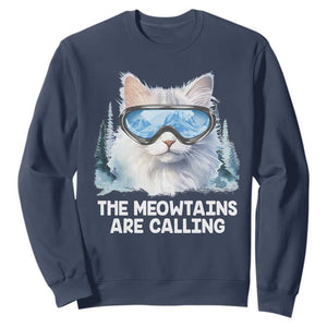 Funny Skiing Snowboarding Cat Sweatshirt The Meowtains Are Calling Ski Goggles TS11 Navy Print Your Wear
