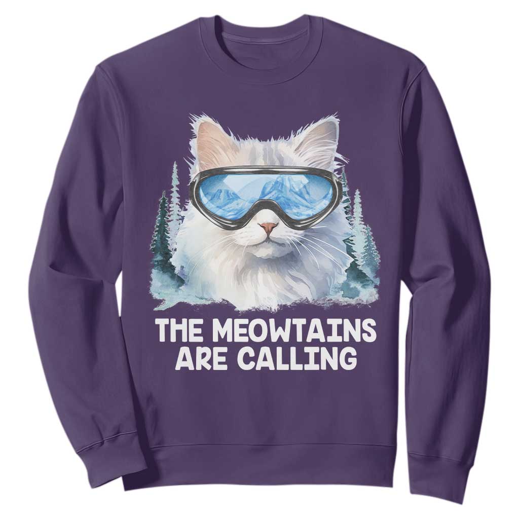 Funny Skiing Snowboarding Cat Sweatshirt The Meowtains Are Calling Ski Goggles TS11 Purple Print Your Wear