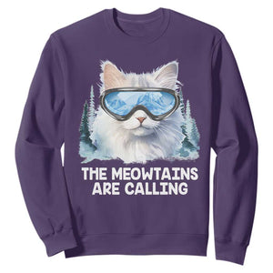 Funny Skiing Snowboarding Cat Sweatshirt The Meowtains Are Calling Ski Goggles TS11 Purple Print Your Wear