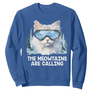 Funny Skiing Snowboarding Cat Sweatshirt The Meowtains Are Calling Ski Goggles TS11 Royal Blue Print Your Wear